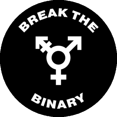 Nonbinary symbol (a combination of the mars and venus symbols) with the text 'break the binary'