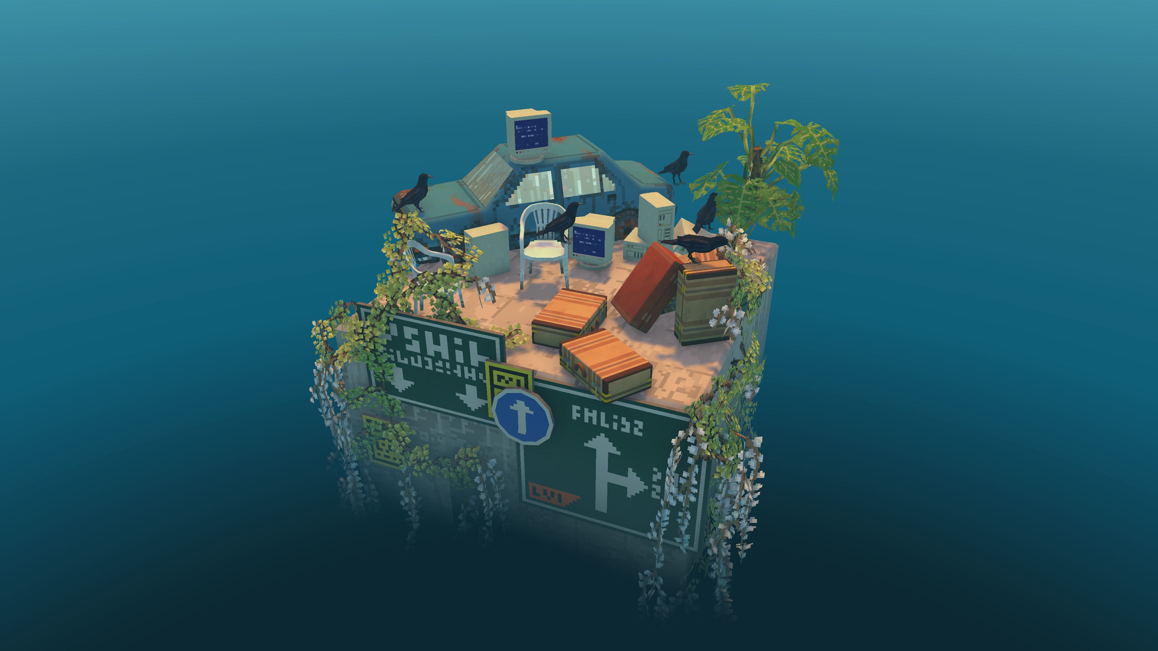 A screenshot from Cloud Gardens, displaying low-poly suitcases, garden chairs, street-signs and a car, overgrown with plants.